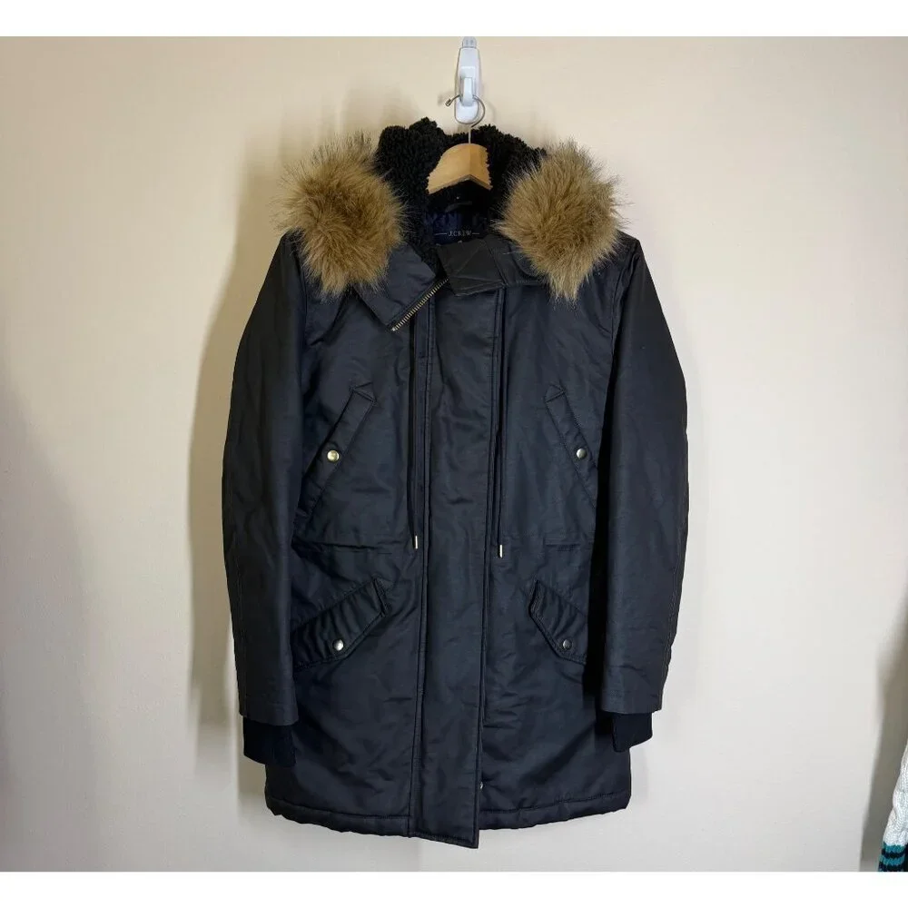 J.Crew Eco Friendly Primaloft Perfect Winter Jacket Womens Size S Faux Fur Hood